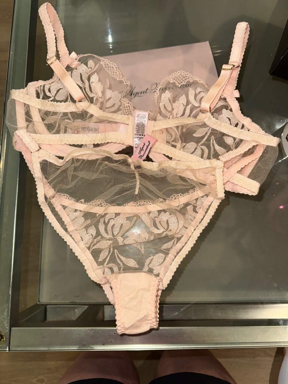 New nwot Agent Provocateur Pale Pink Sheer Lace Bra & Brief Set sparkle 36C 4 - Picture 3 of 5